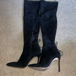 Pour la Victoire Caterina Suede Leather Pointed Toe Tie Up Over The Knee Boot 7